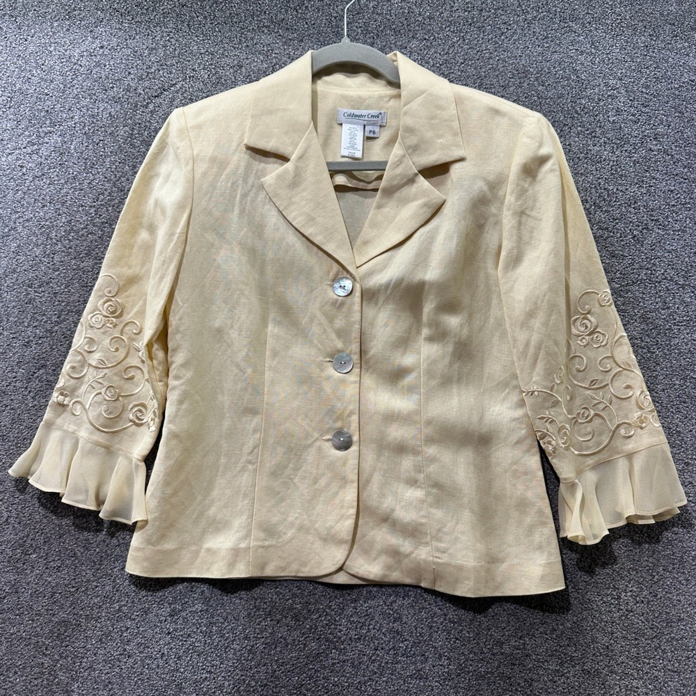 Coldwater Creek Blazer Jacket Women 6P Yellow Linen Blend Embroidered Ruffle